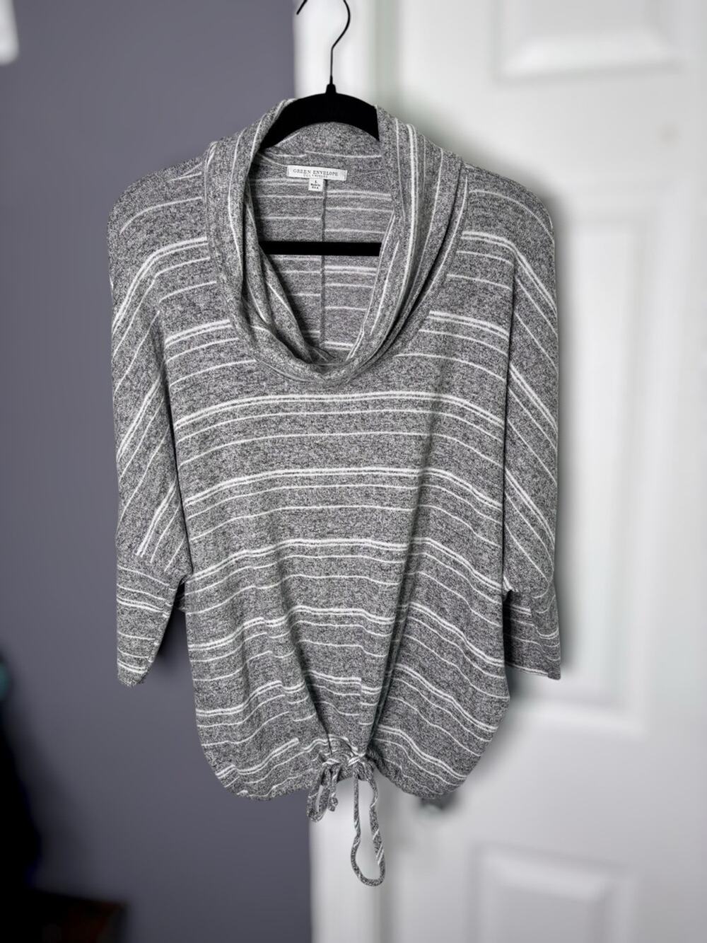 Green Envelope Gray White Striped Cowl Neck Dolman Sweater Large